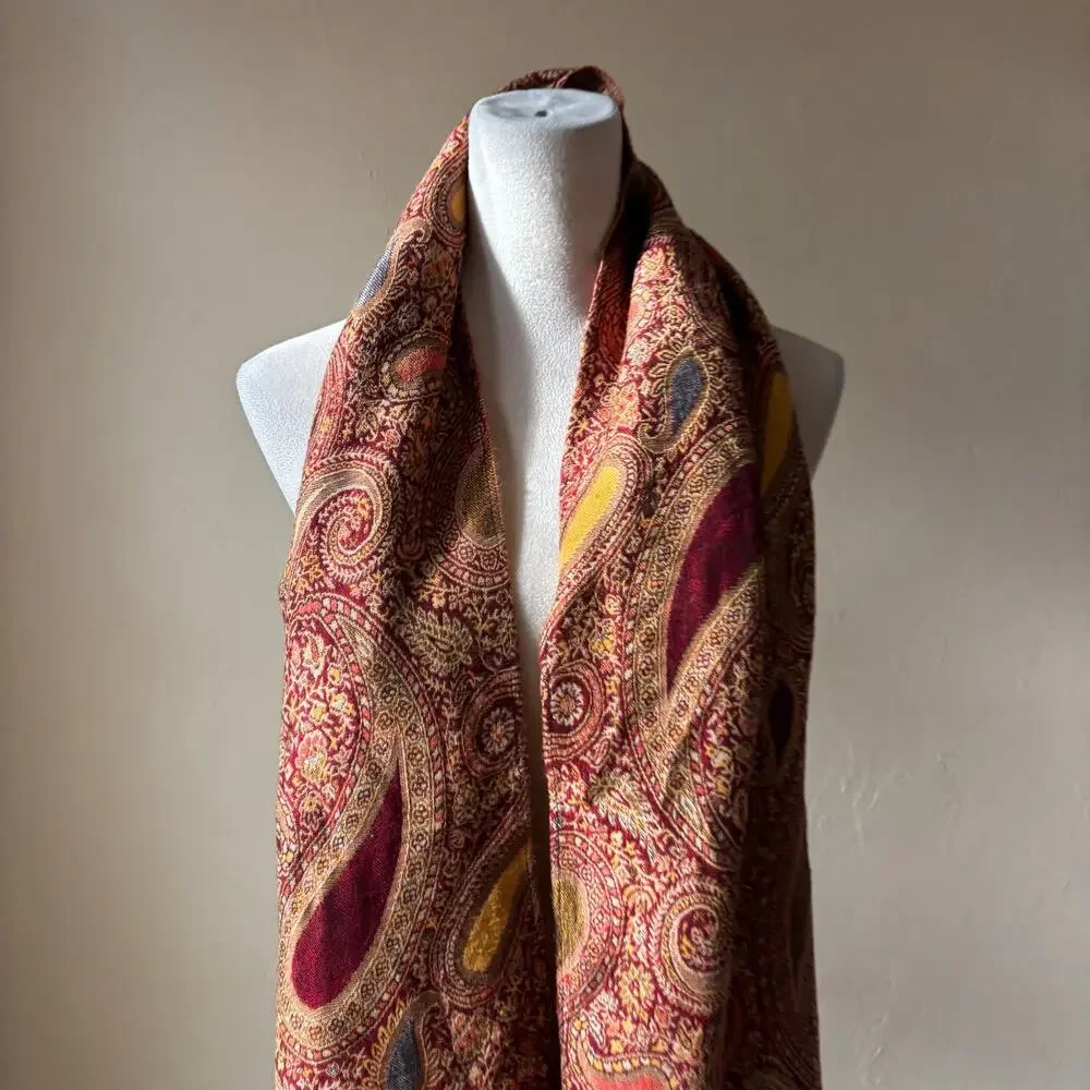 Vintage Paisley Shawl Scarf Burgundy Gold Boho Lagenlook Fringed Wrap